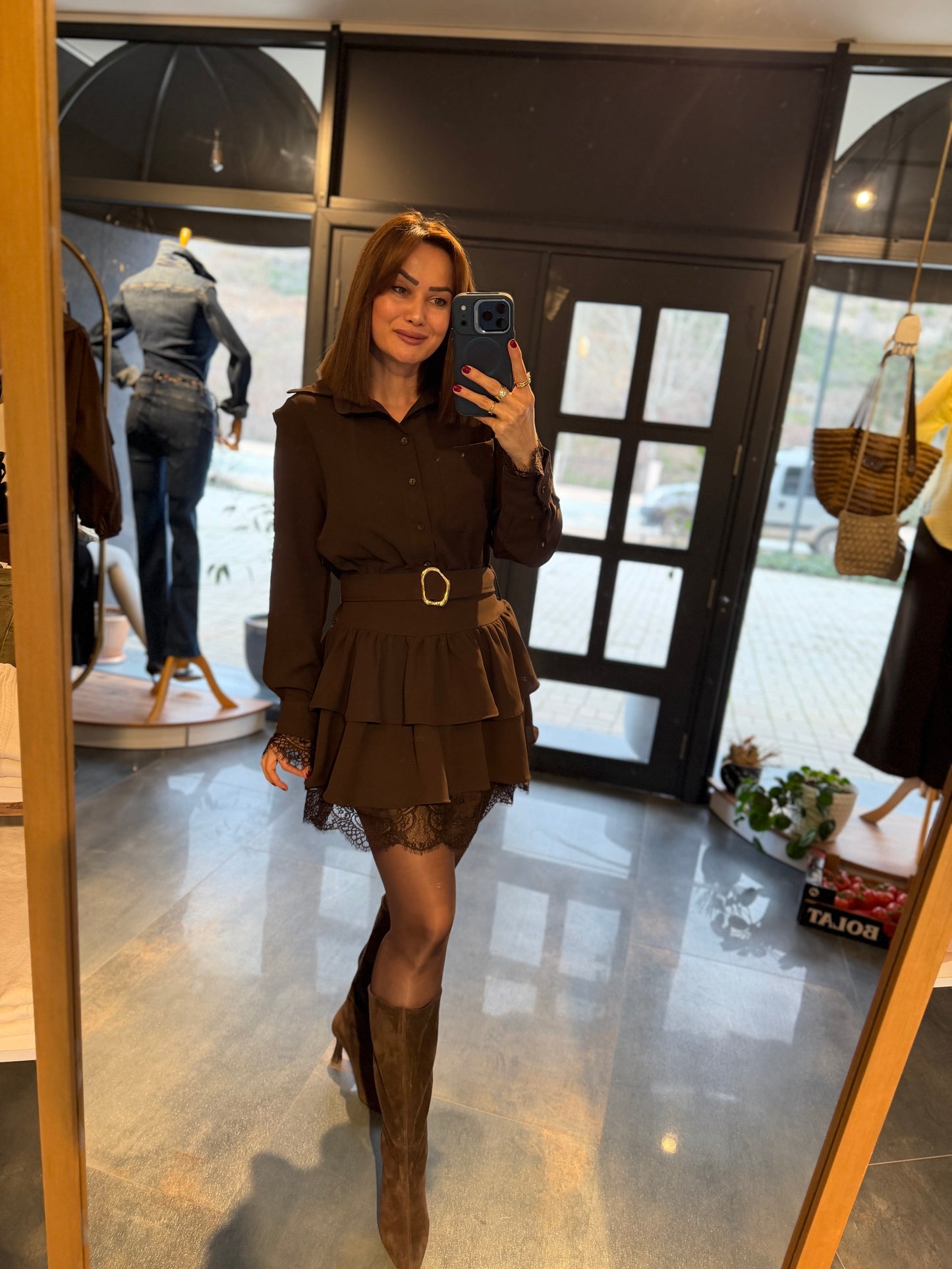 Angeles Kahve Dantel Detaylı Elbise