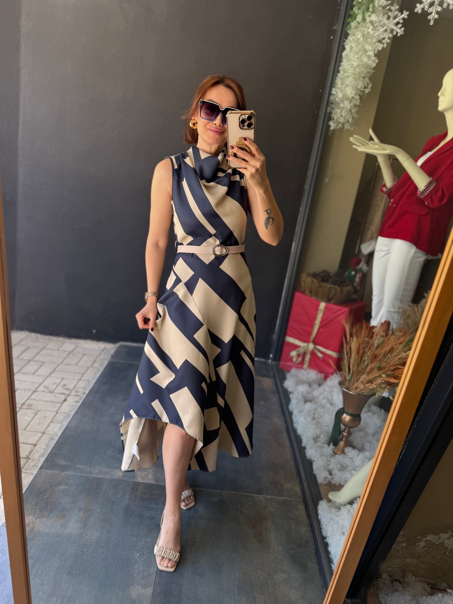 Alba Lacivert Keten Midi Elbise