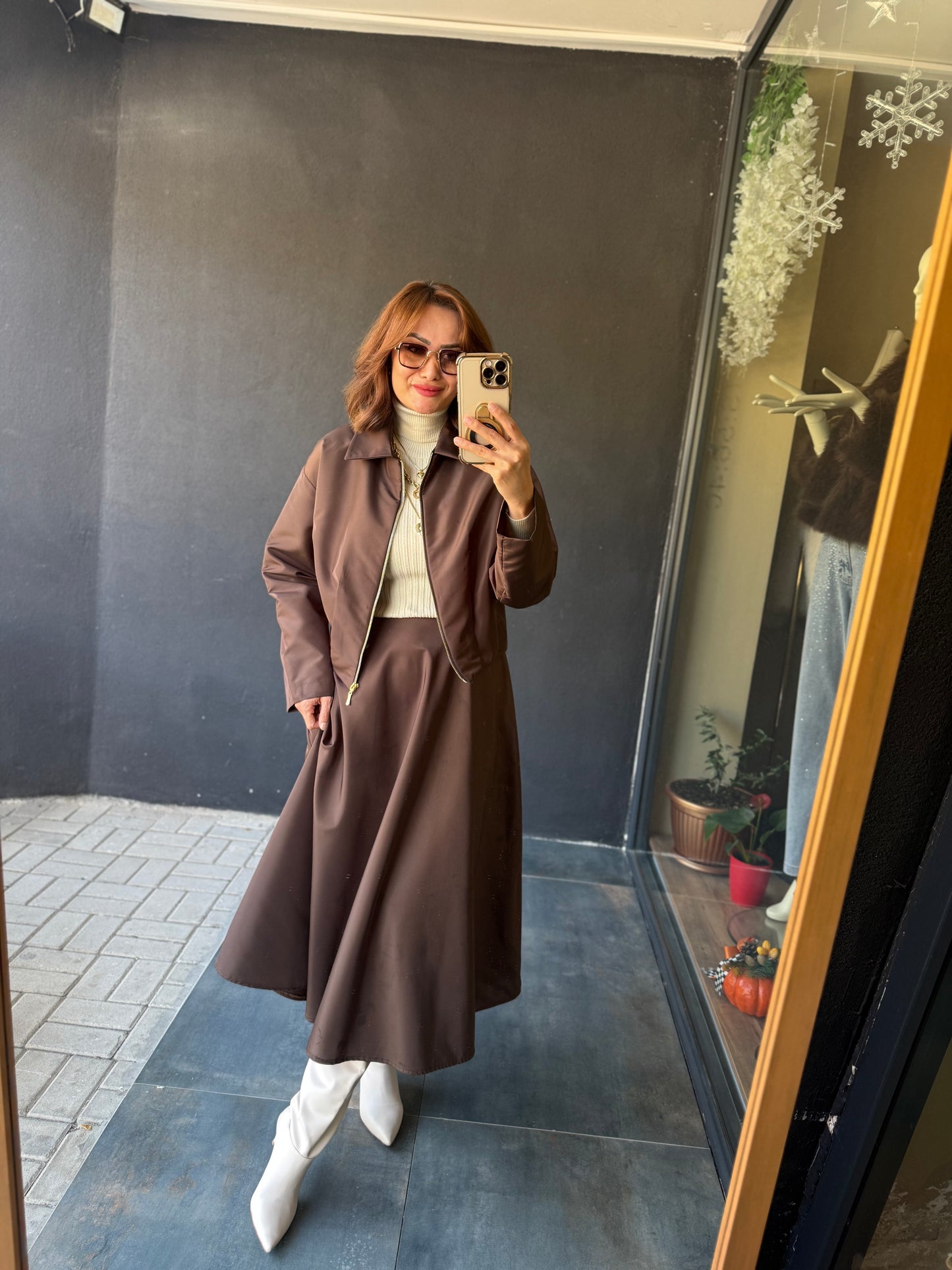 Pesto Kahve Paraşüt Etek&Ceket Takım