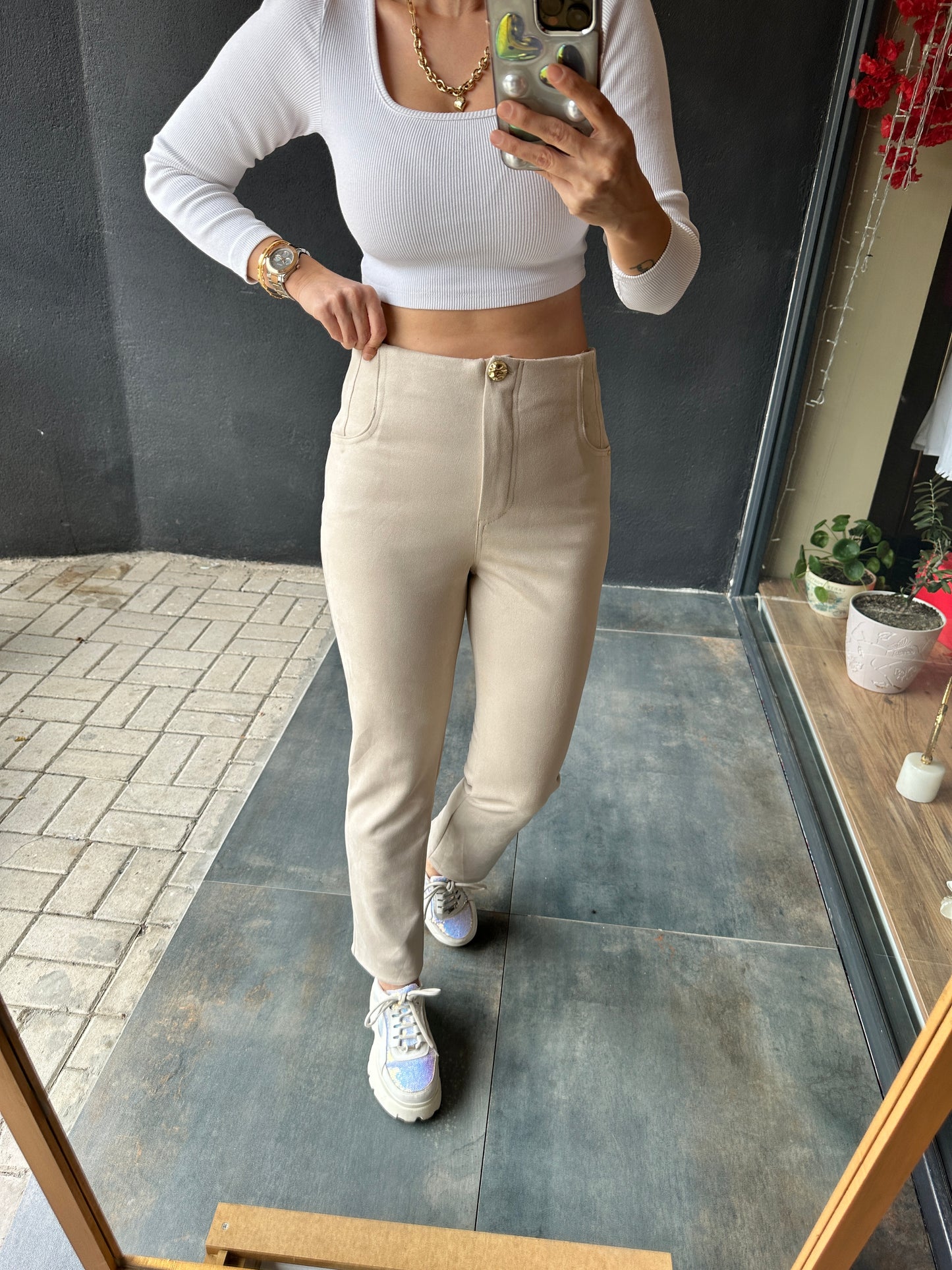 Layton Krem Nubuk Pantolon