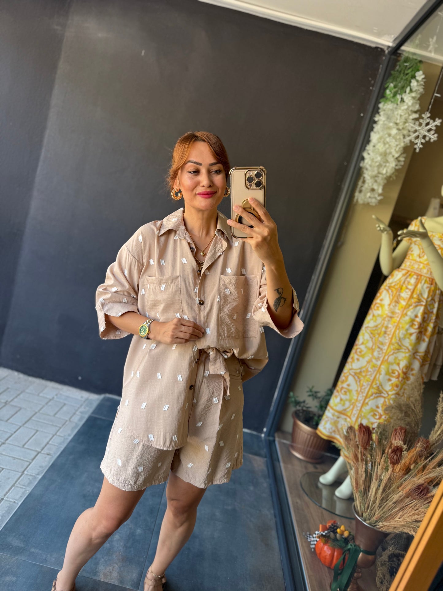 Astra Krem Şort & Gömlek Takım