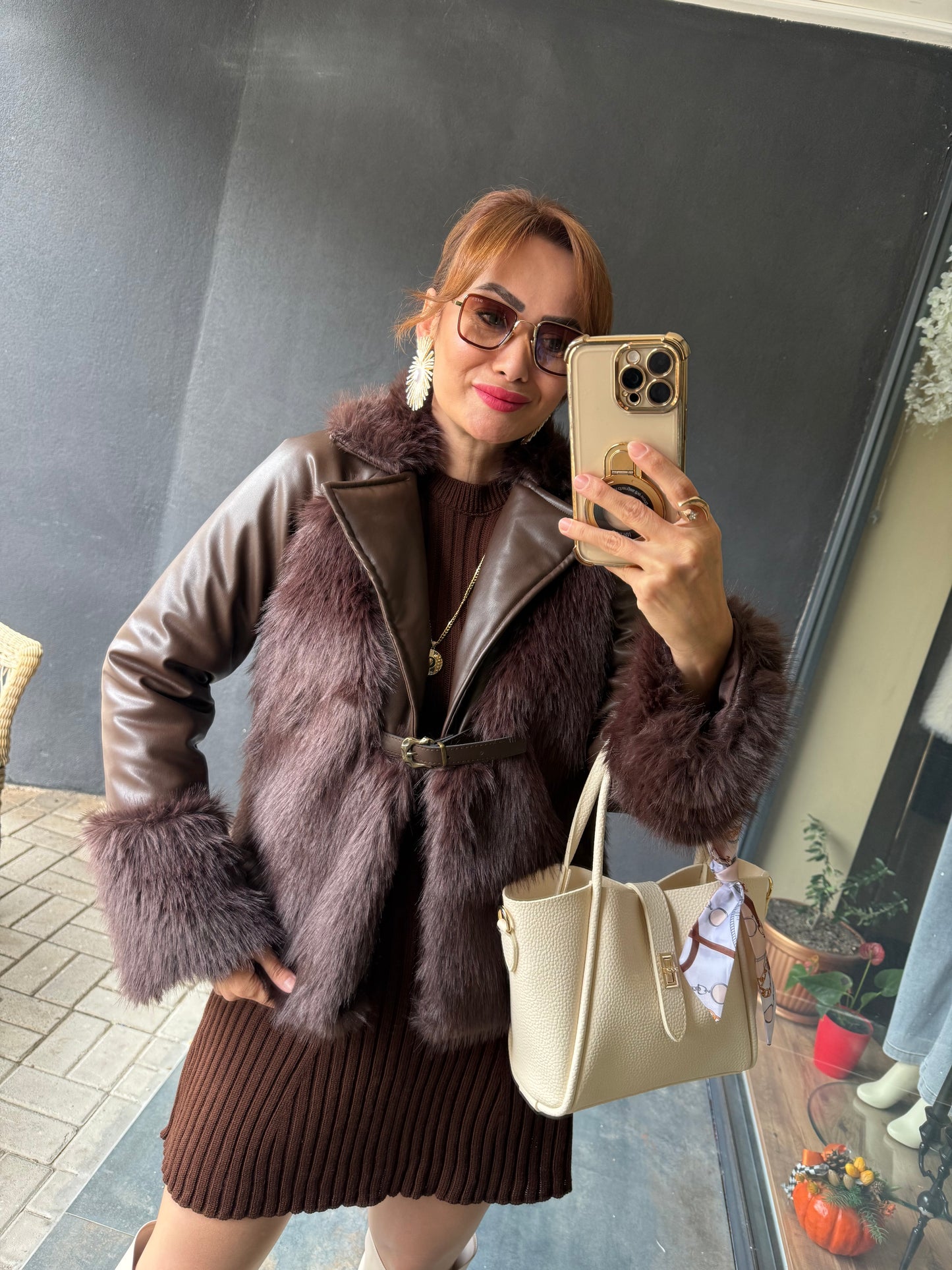 Deer Acı Kahve Deri &Kürk Ceket