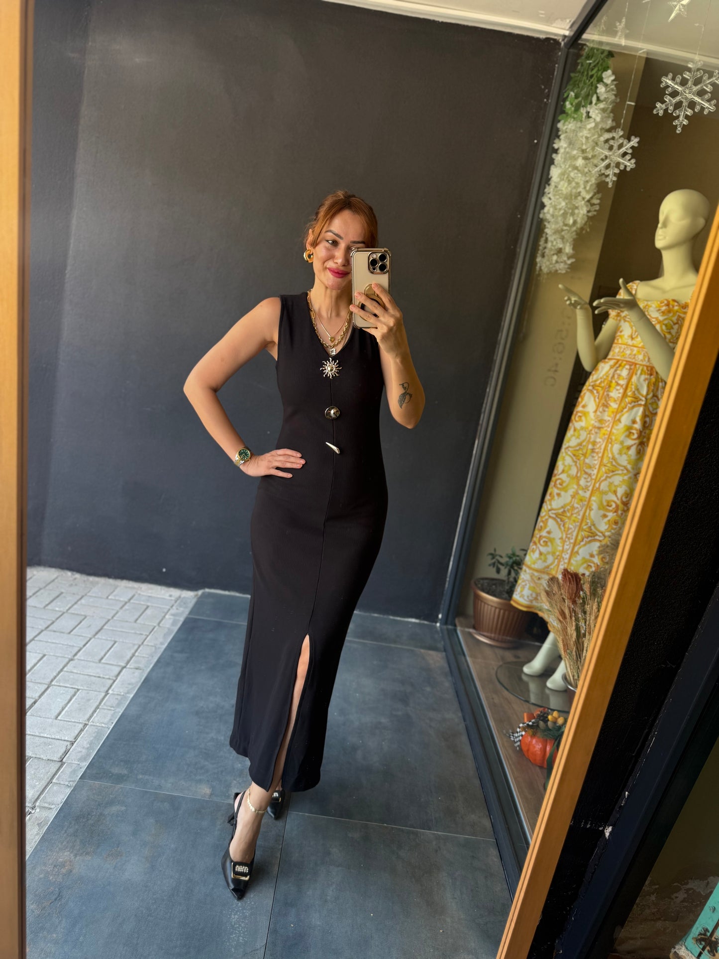 Henna Düğmeli Kalem Elbise