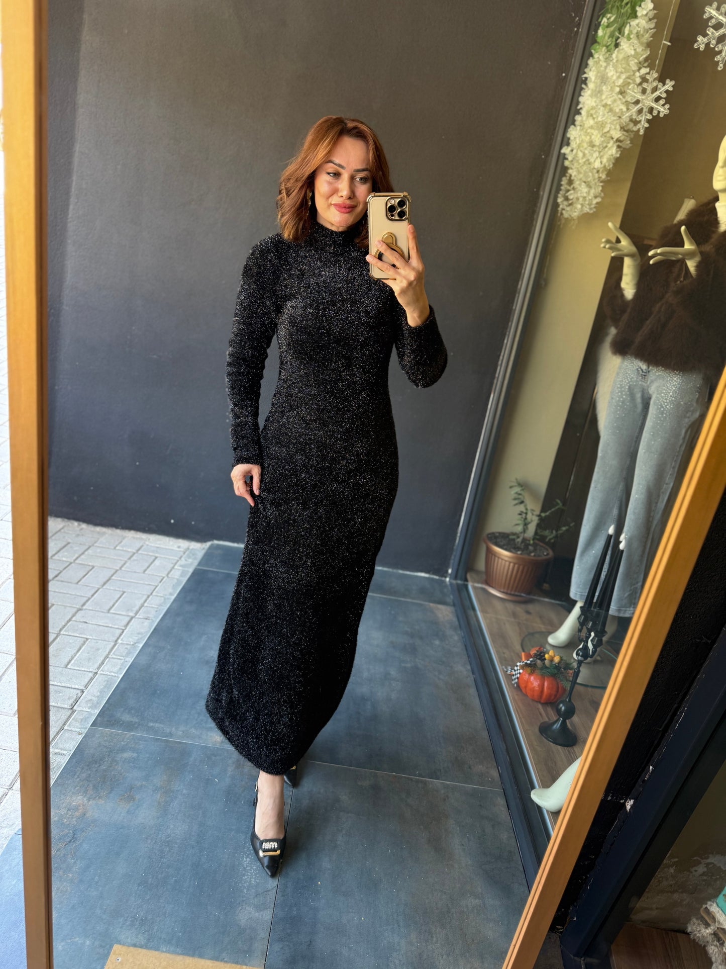 Jewel Siyah Simli Maxi Elbise