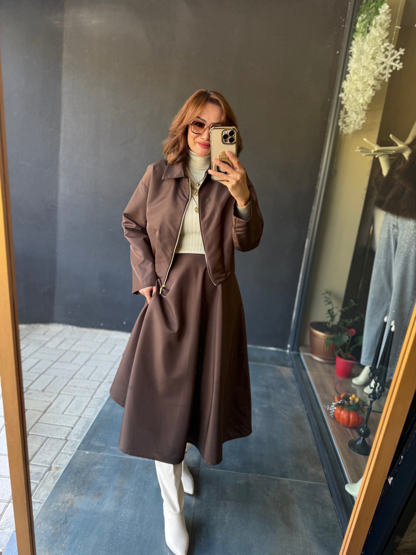 Pesto Kahve Paraşüt Etek&Ceket Takım