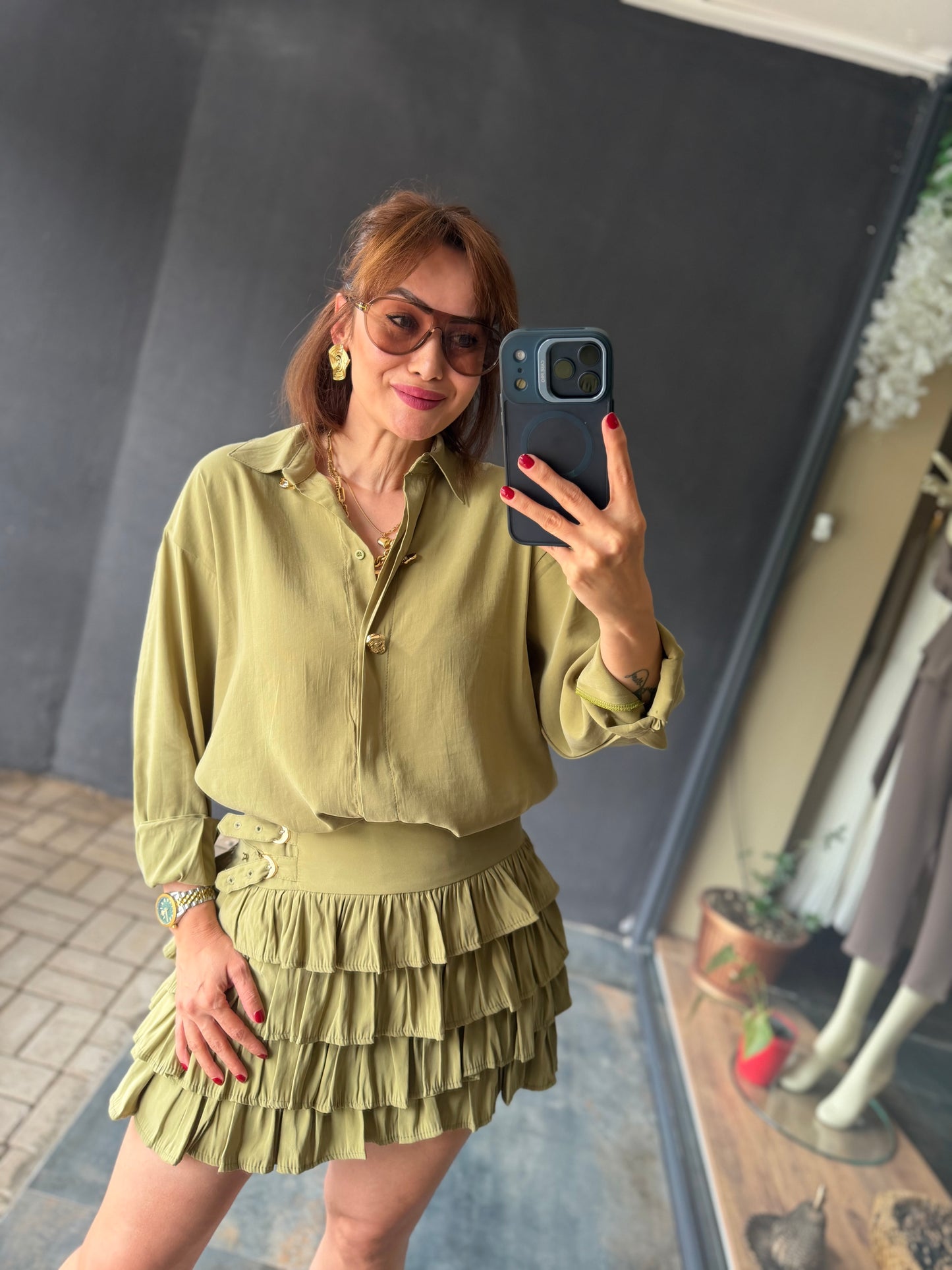 Tensel Kumaş Haki İçi Şortlu Etek Takım