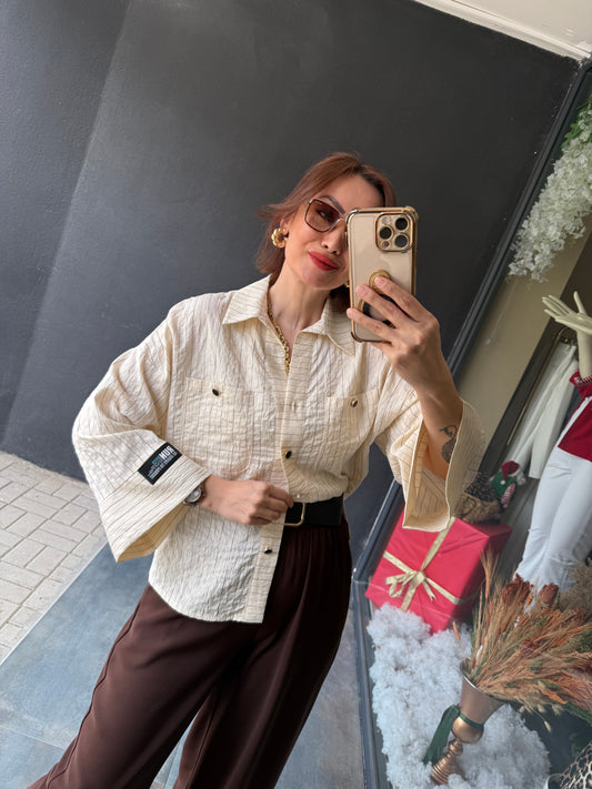 Maxi Ekru Çizgili Gömlek