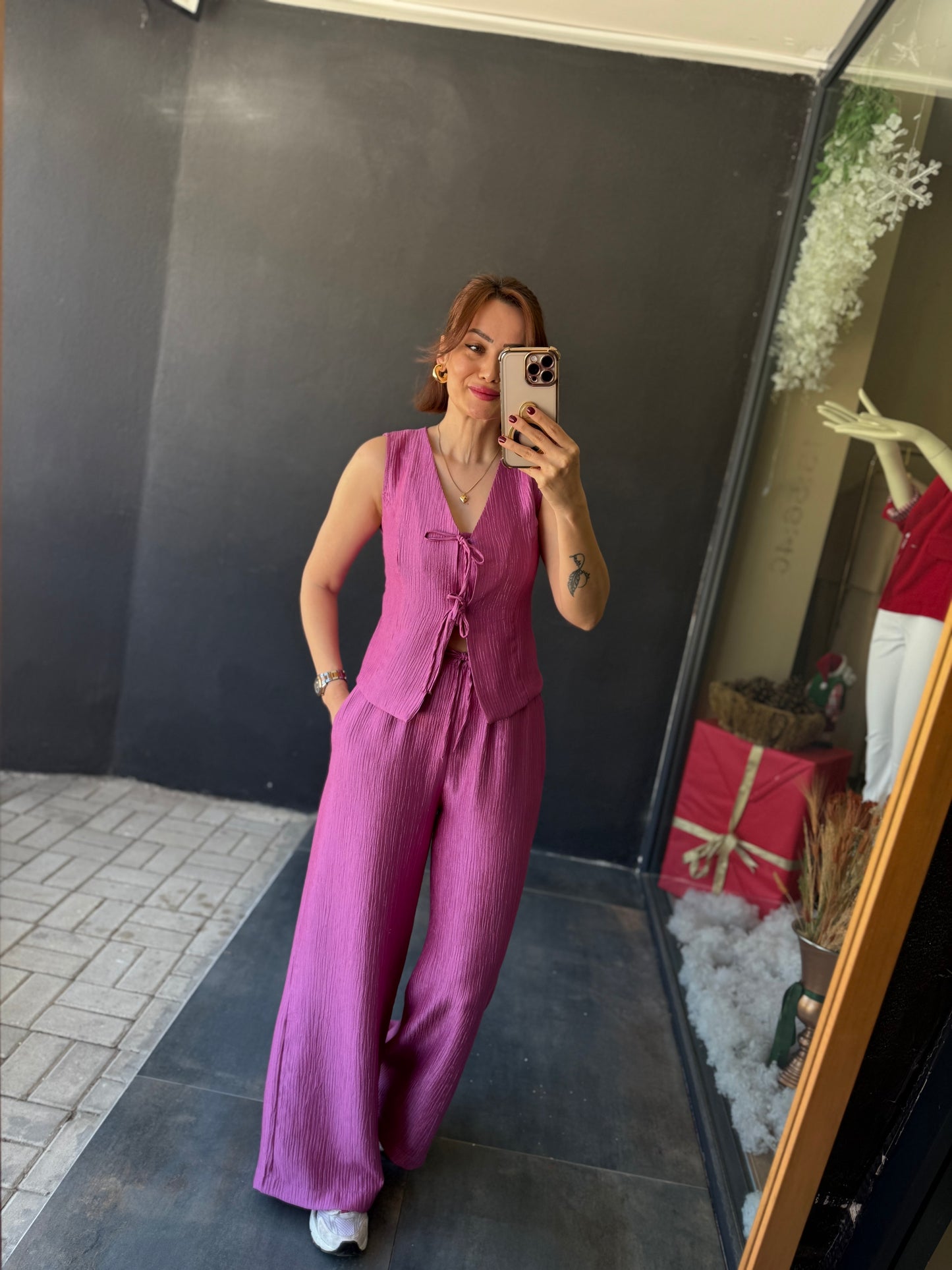 Melinda Lila Müslin Yelekli Takım