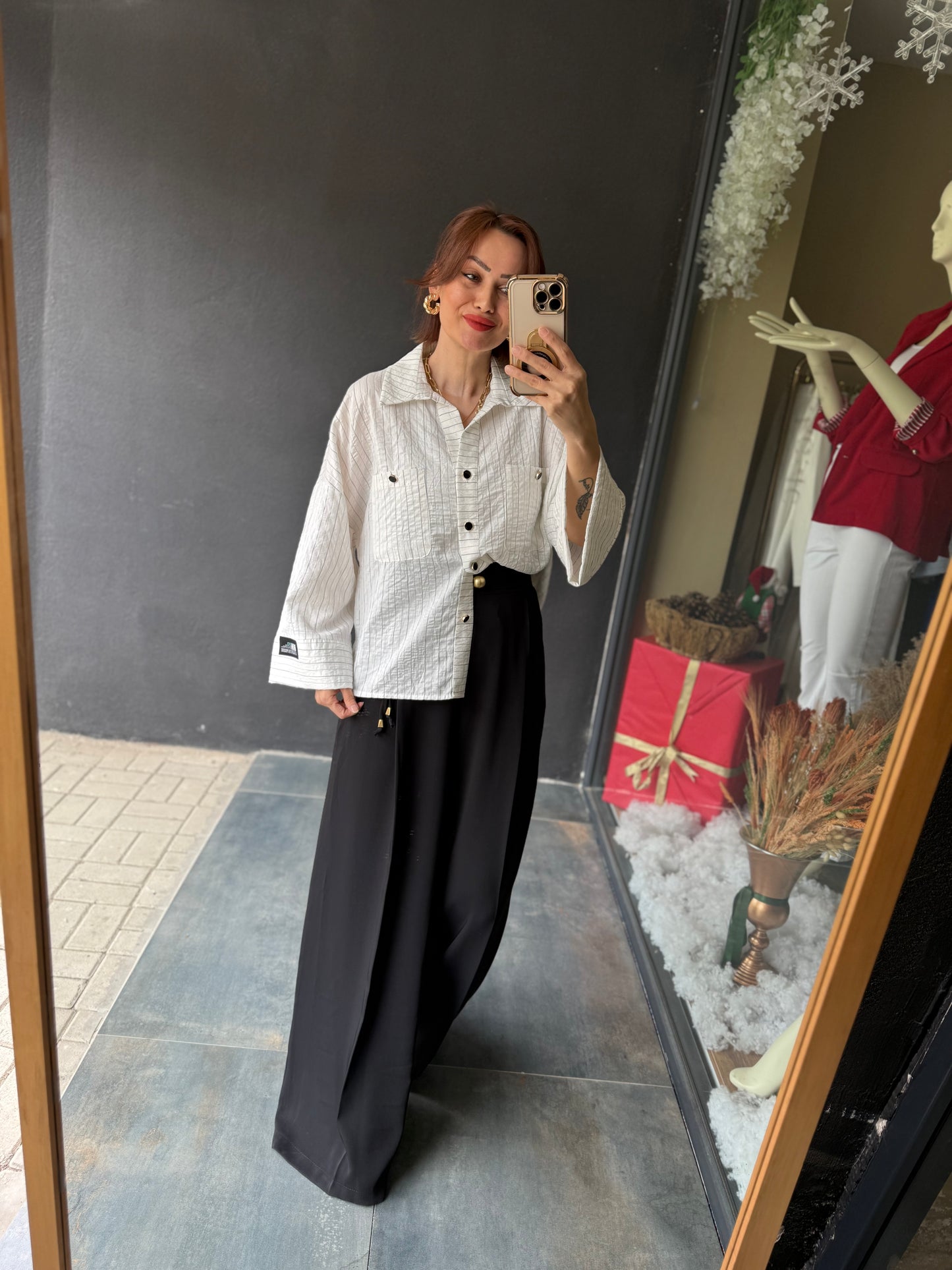 Maxi Beyaz Çizgili Gömlek