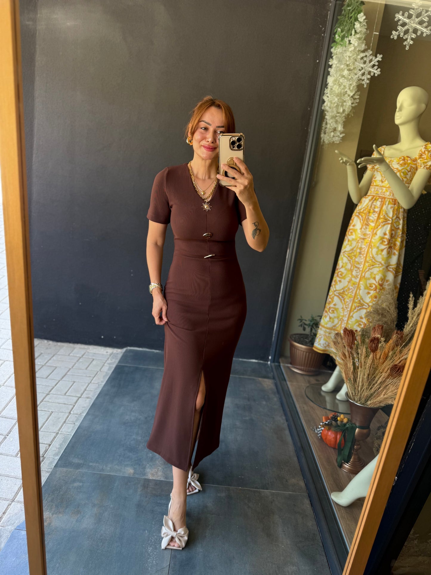 Henna Düğmeli Kısa Kol Kahve Kalem Elbise