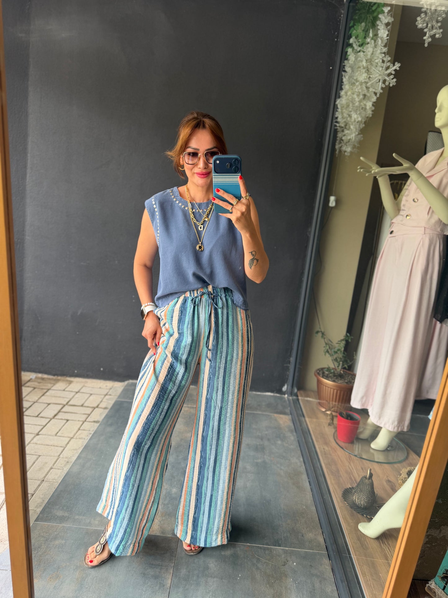 Sahara Mavi Çizgili Bol Paça Pantolon & Bluz Takım