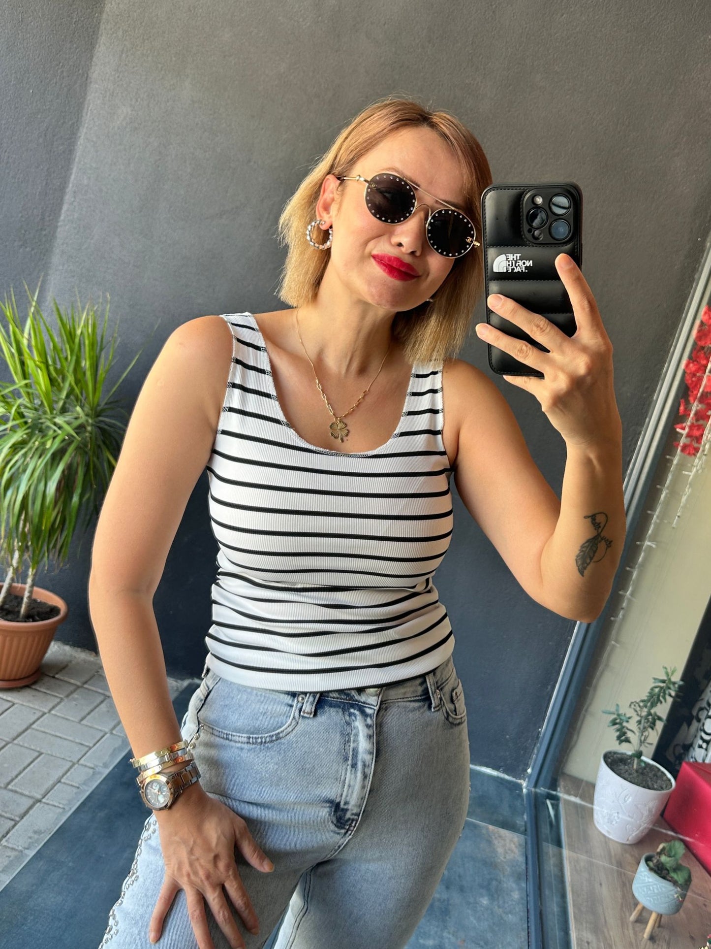 Mzr Beyaz /Siyah Çizgili Askılı Bluz