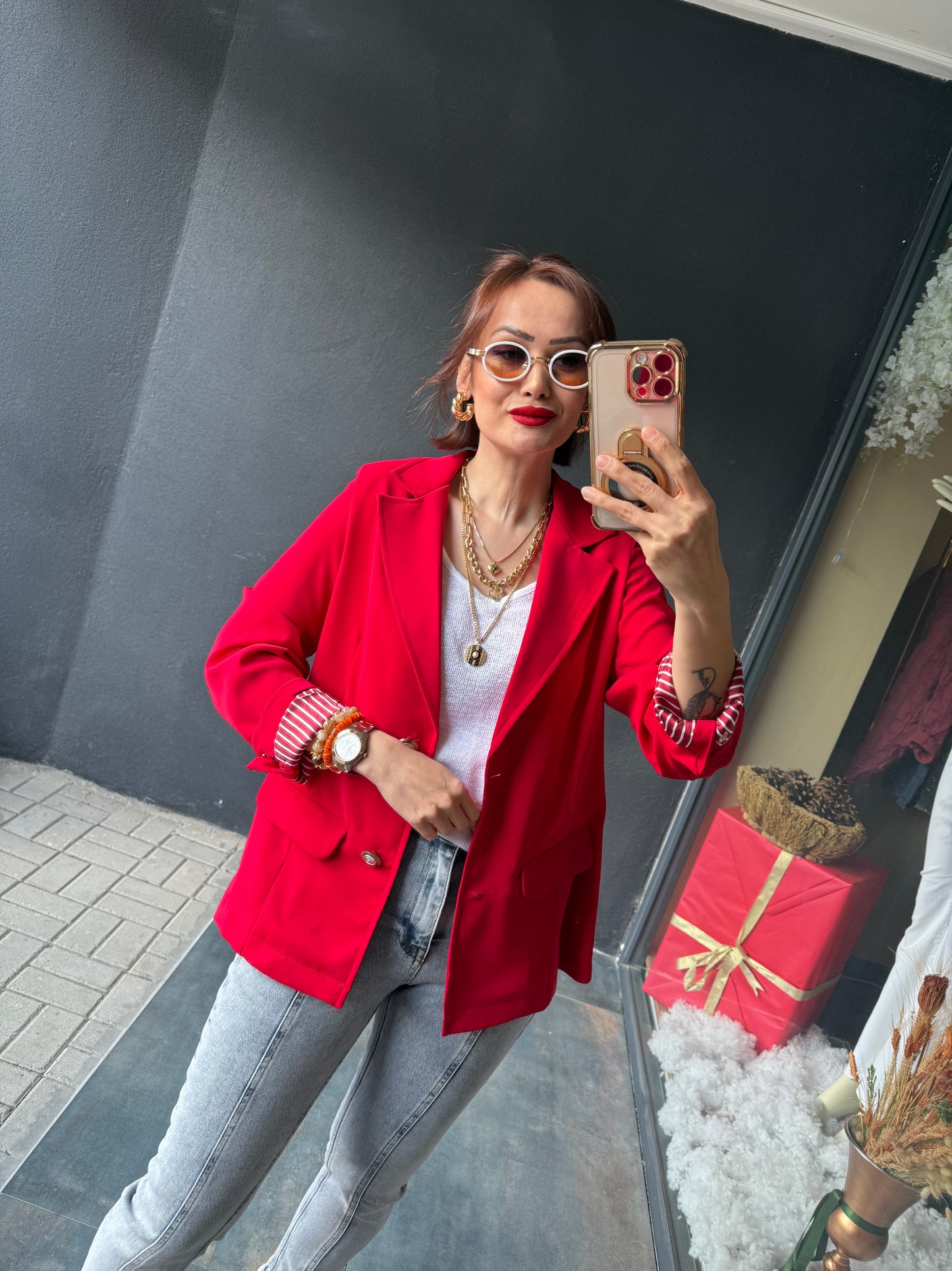 Red & Black Blazer Ceket Kırmızı