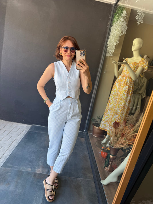 Haida Mavi Çizgili Jean Keten Takım