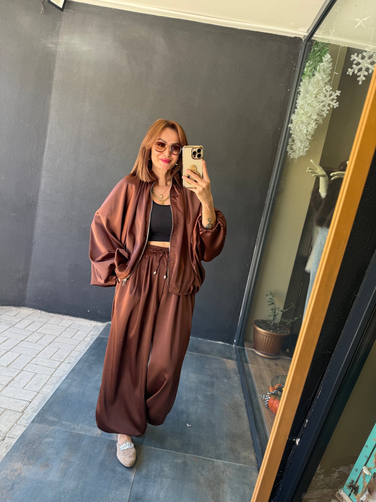 Cardinal Kahve Saten Bomber Takım