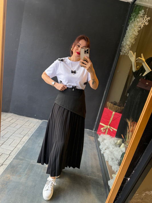 Cahide Siyah Piliseli Etek