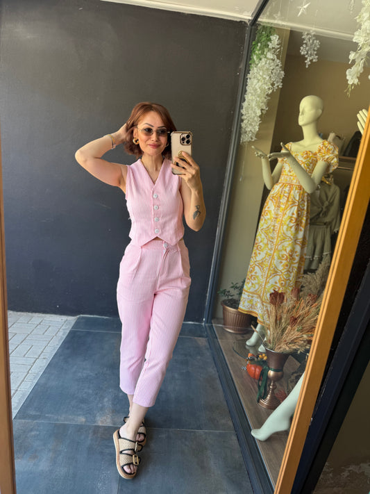 Haida Pembe Çizgili Jean Keten Takım