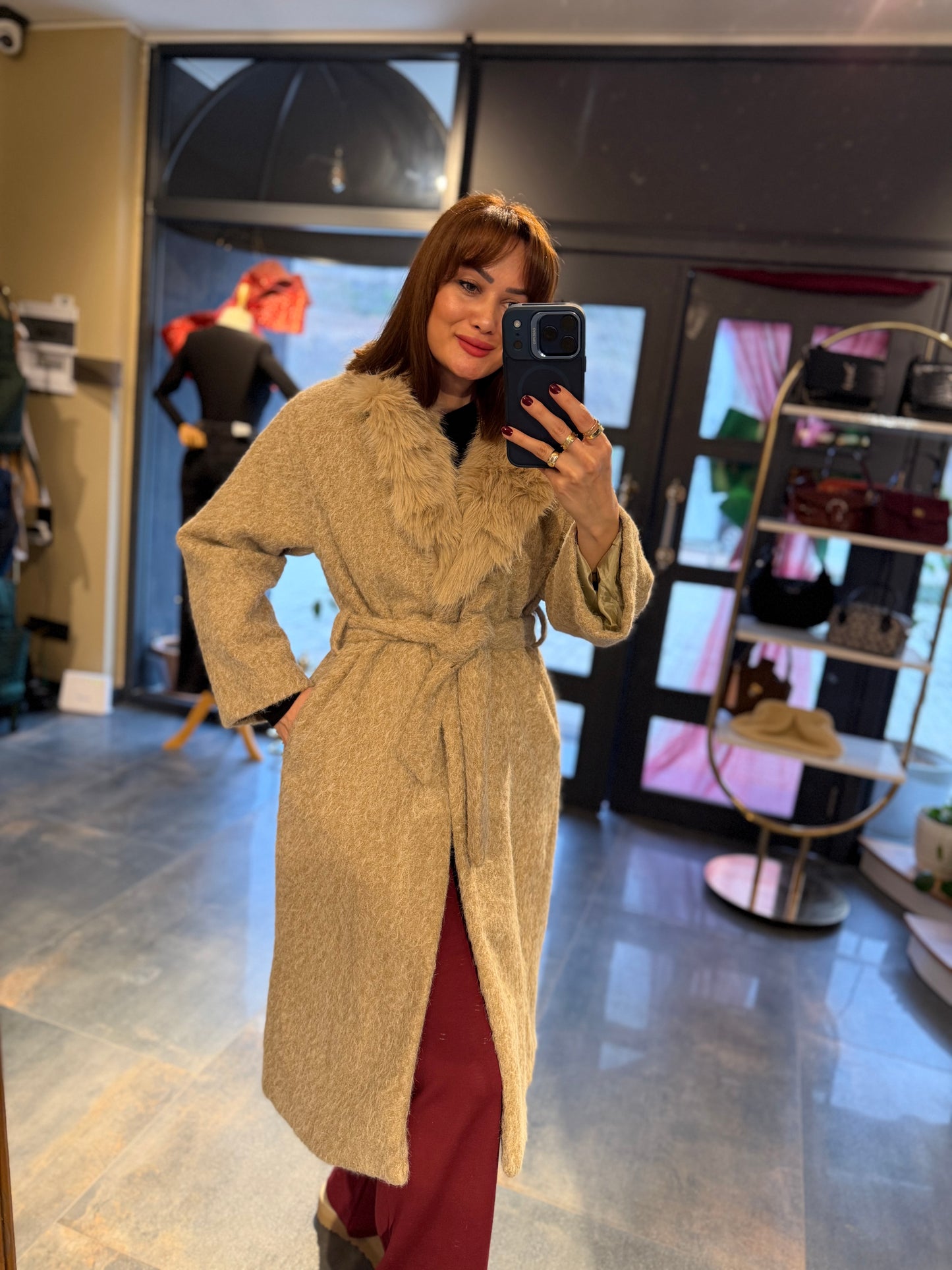 Fancy Bej Keçe Astarlı Mont