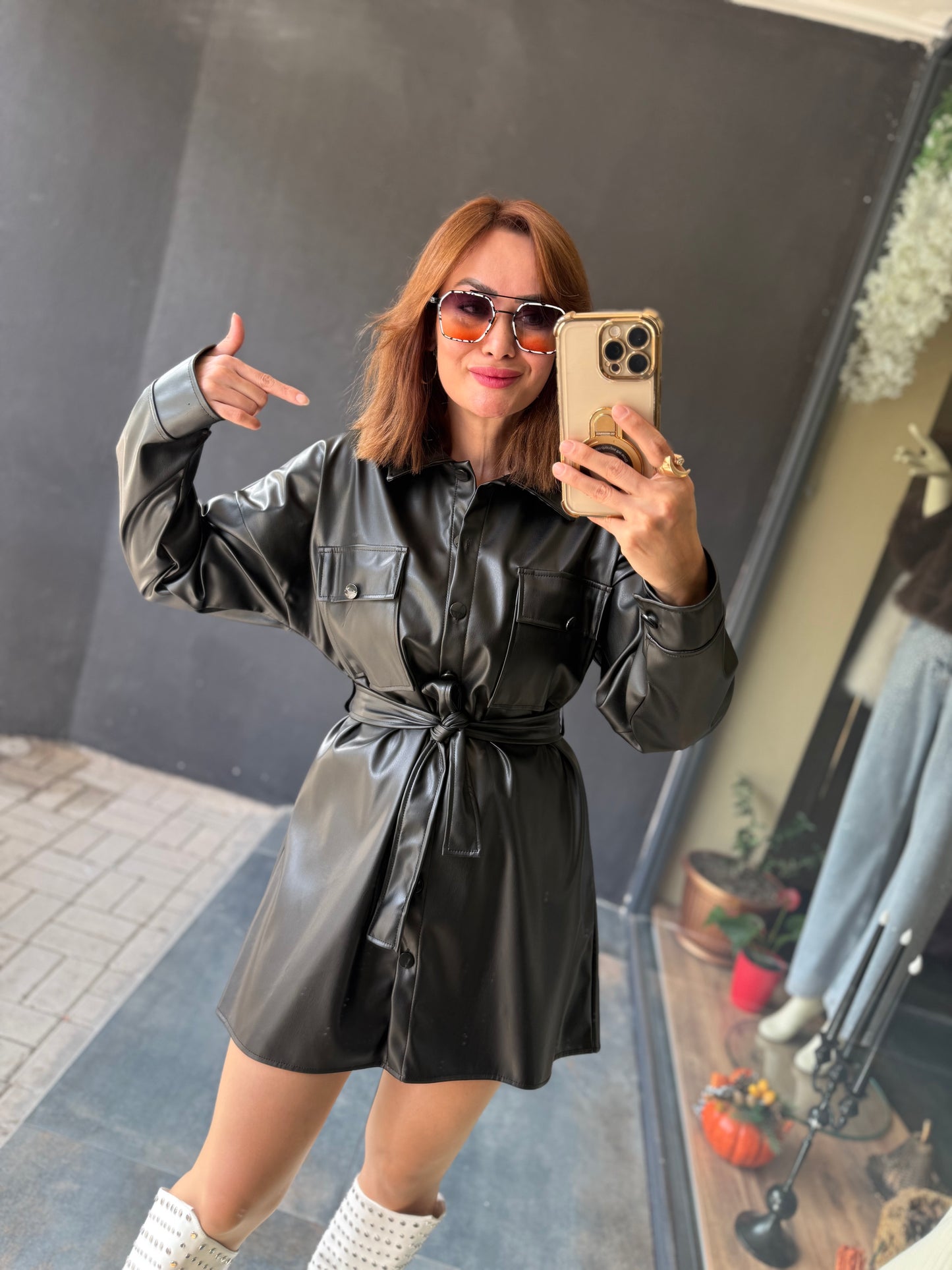 Prady Siyah Deri Elbise & Tunik