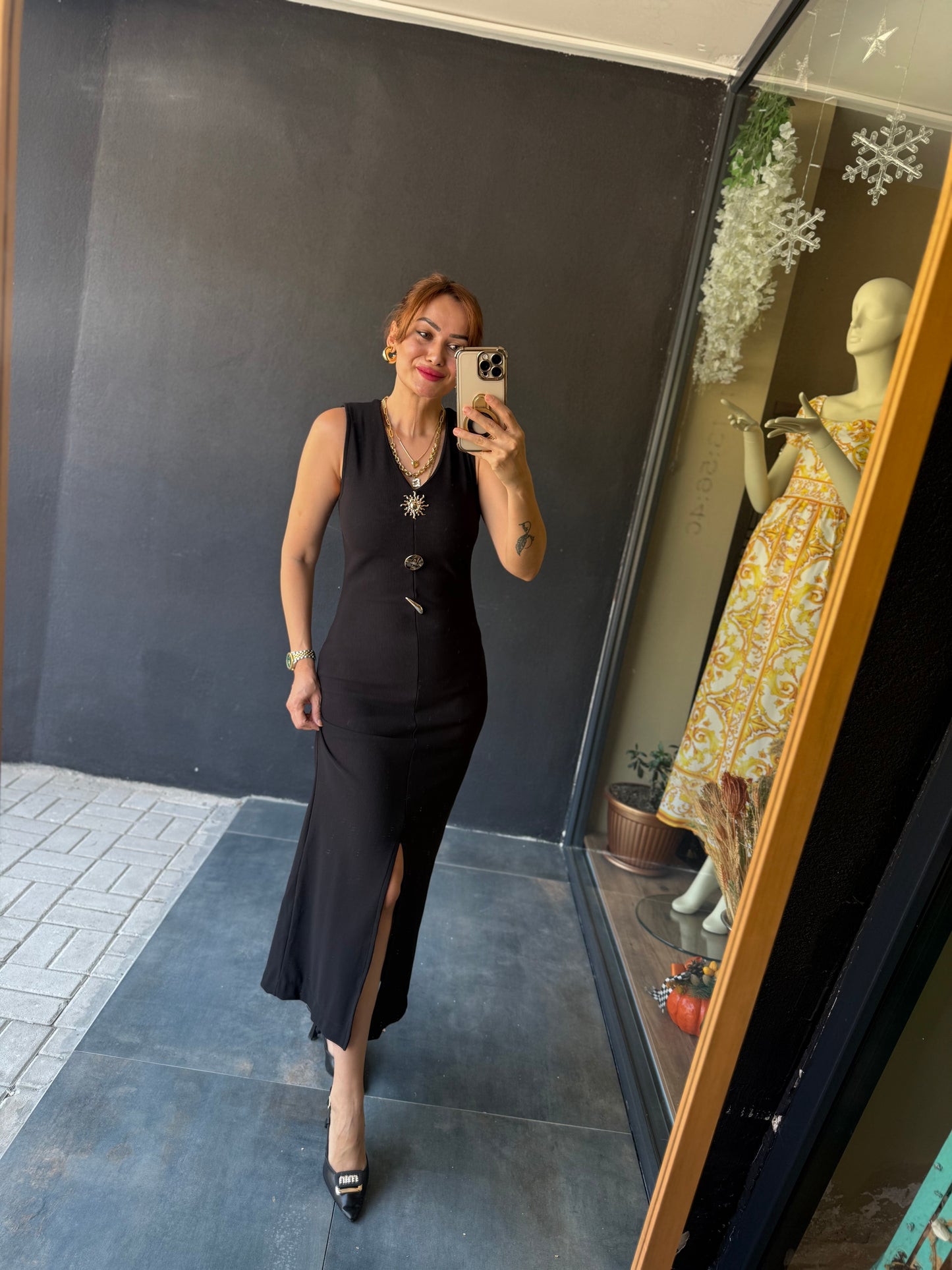 Henna Düğmeli Kalem Elbise