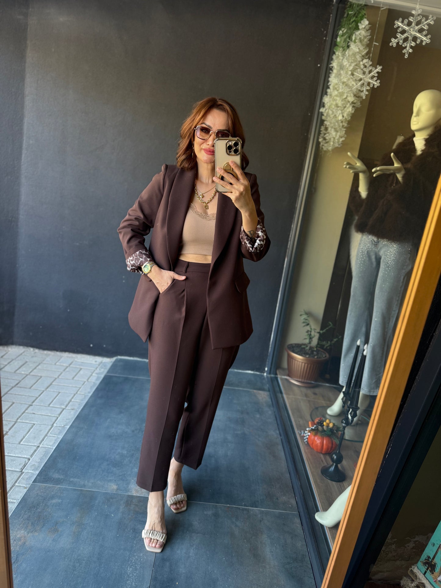 Melanj Kahve Ceket & Pantolon Takım