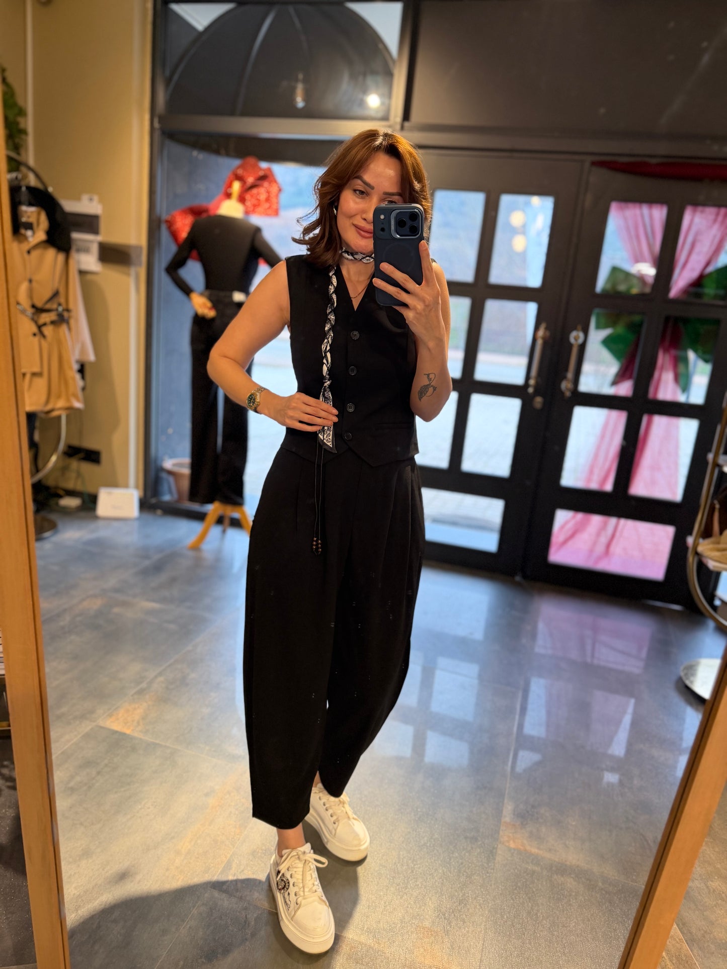 Casual Siyah Harem Yelekli Takım