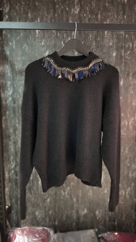 Mekoo Siyah Yaka Püsküllü Kazak