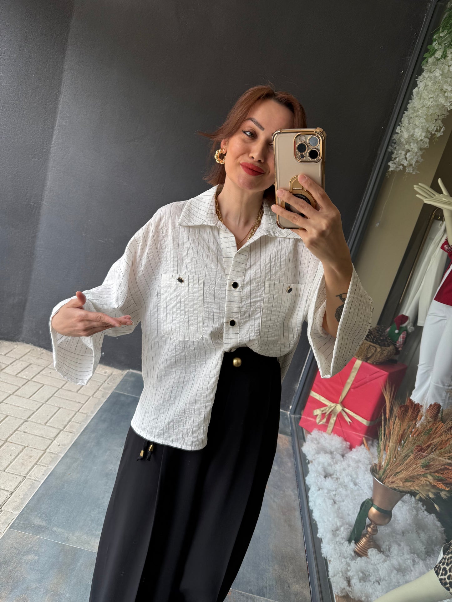 Maxi Beyaz Çizgili Gömlek