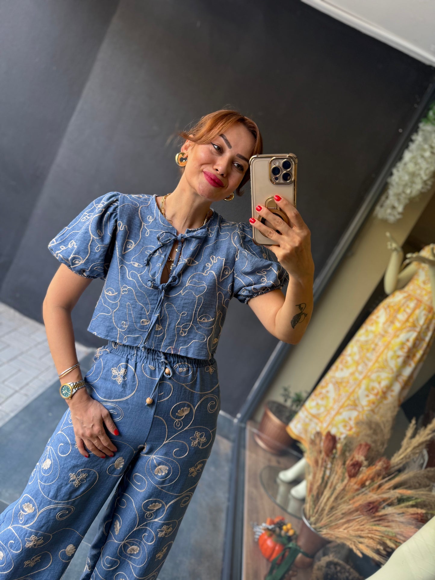 Cutest Mavi Nakışlı Pantolon Takım