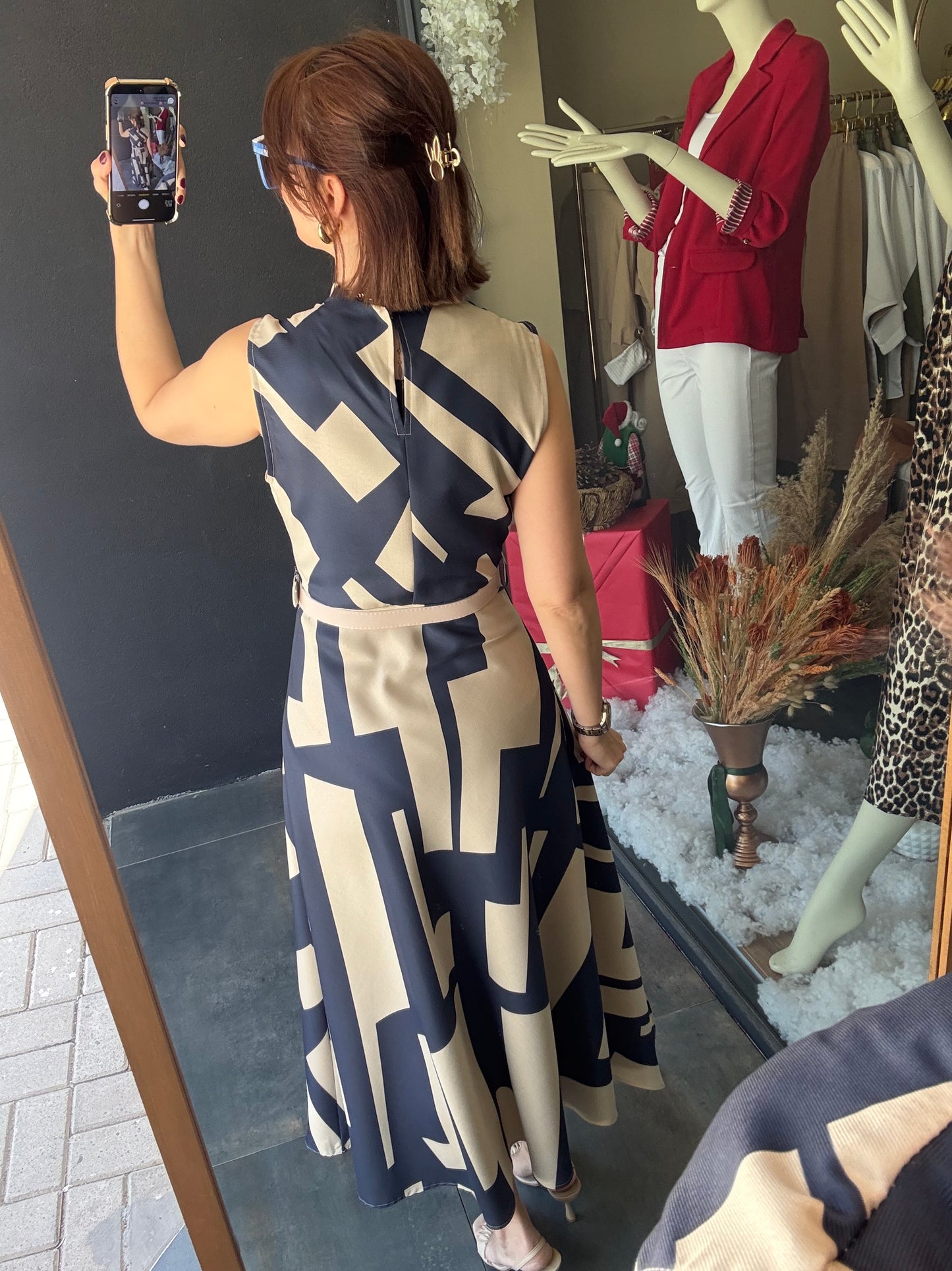 Alba Lacivert Keten Midi Elbise