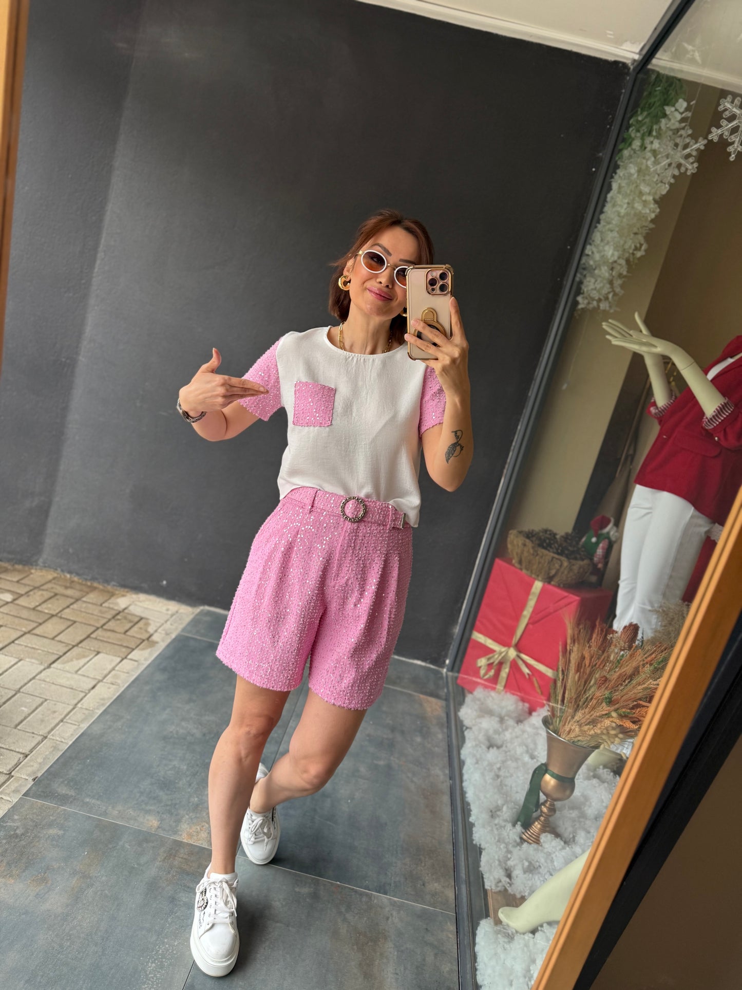 Mello Pembe Taşlı Şort Takım