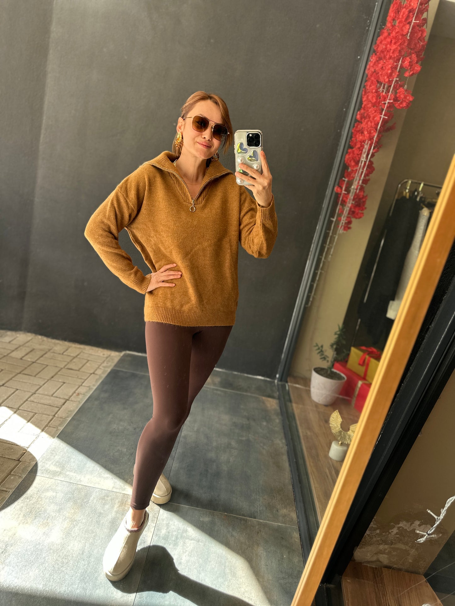 H&V 10 Camel Fermuarlı Kaşmir Kazak