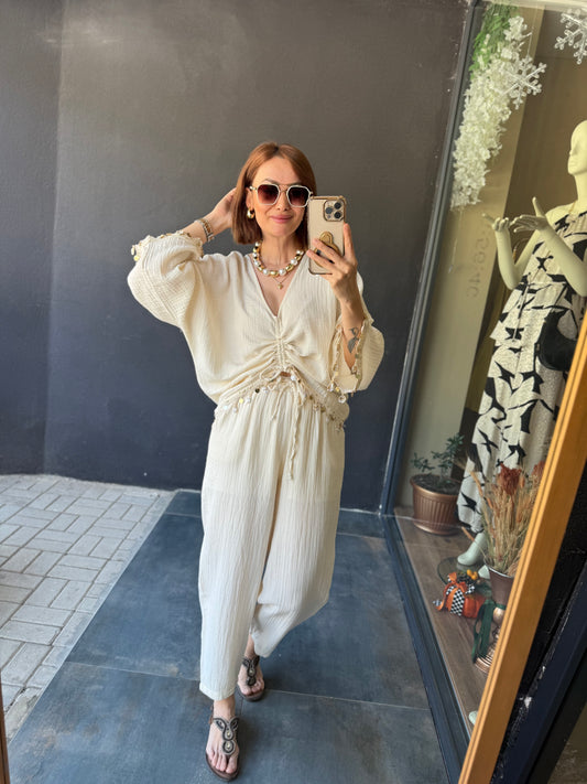 Aspirin Krem Müslin Pantolon Takım