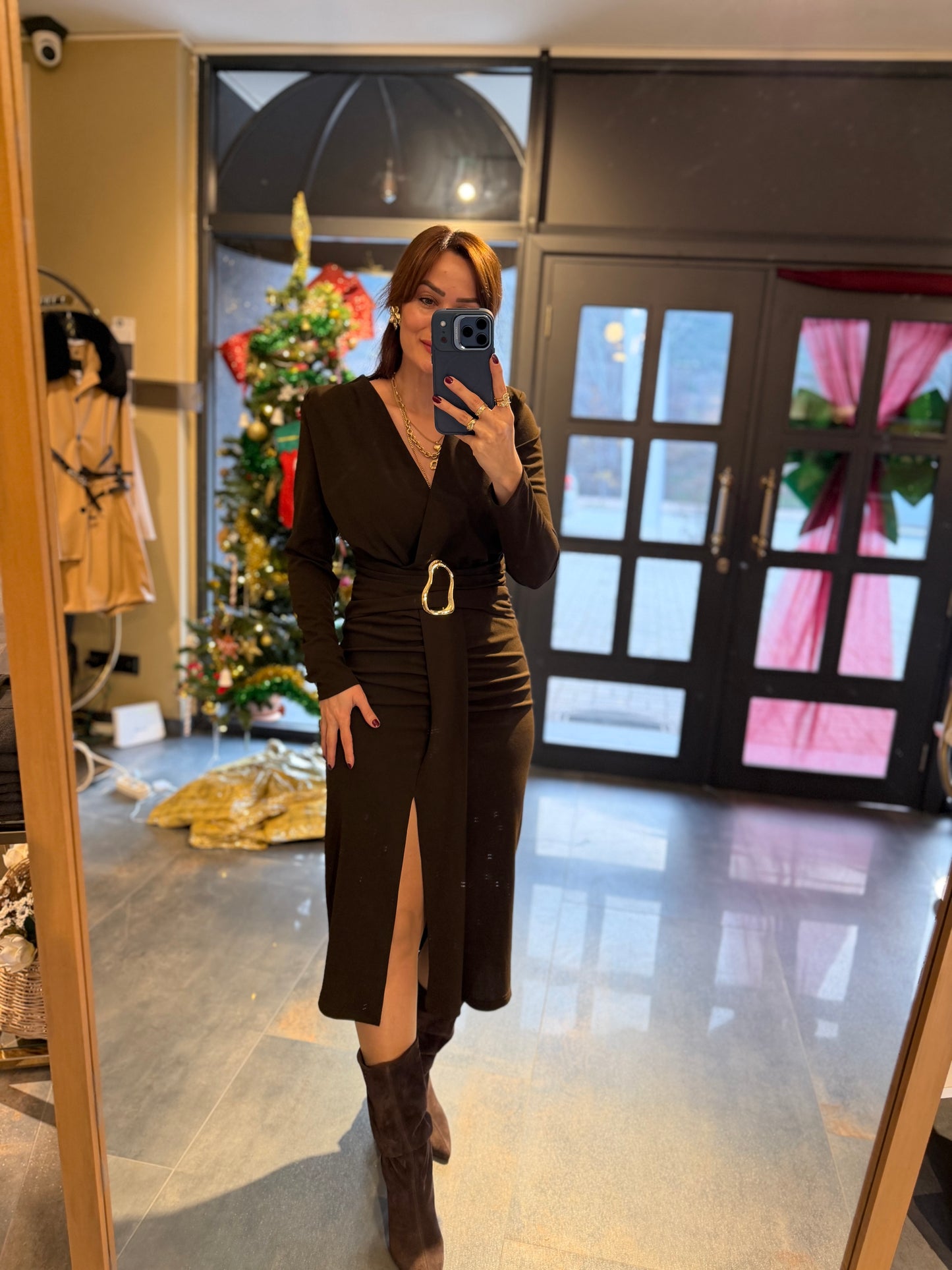 Alin Kahve Kemer Detaylı Korse Elbise