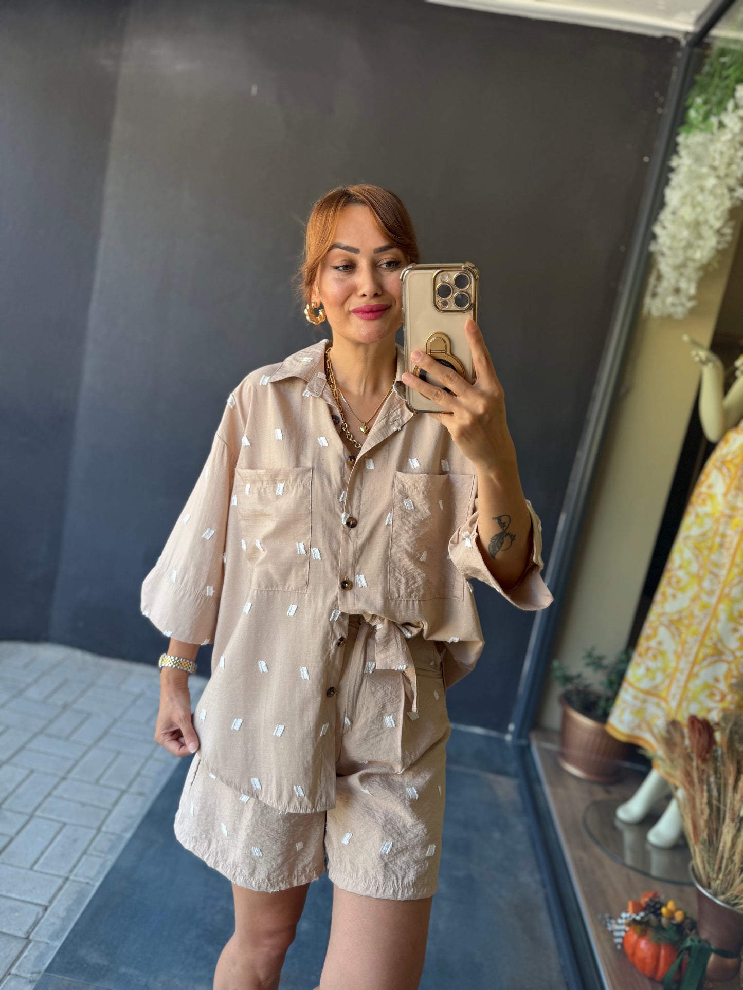 Astra Krem Şort & Gömlek Takım