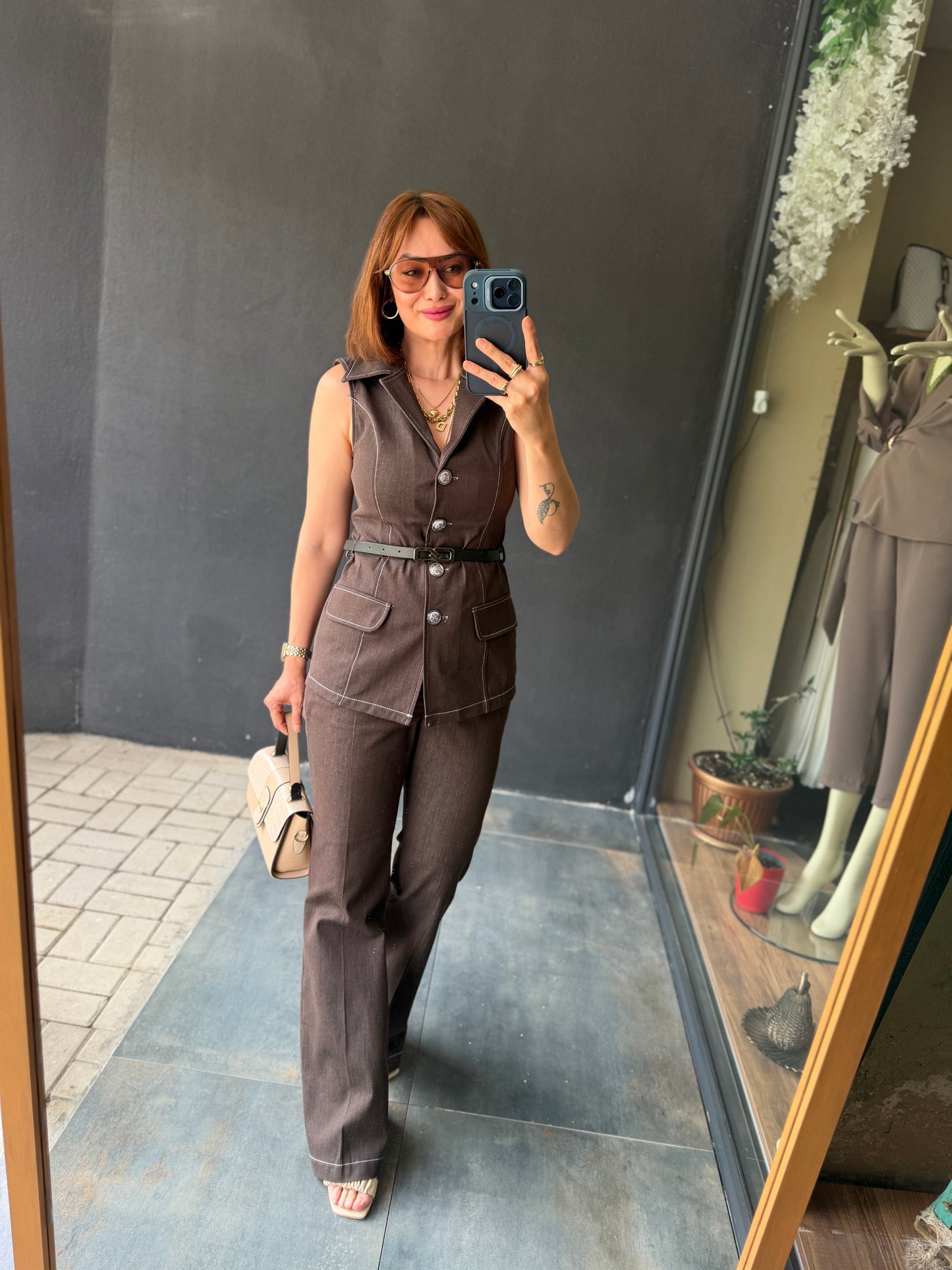 Kahve Kontrast Dikiş Yelek Pantolon Takım