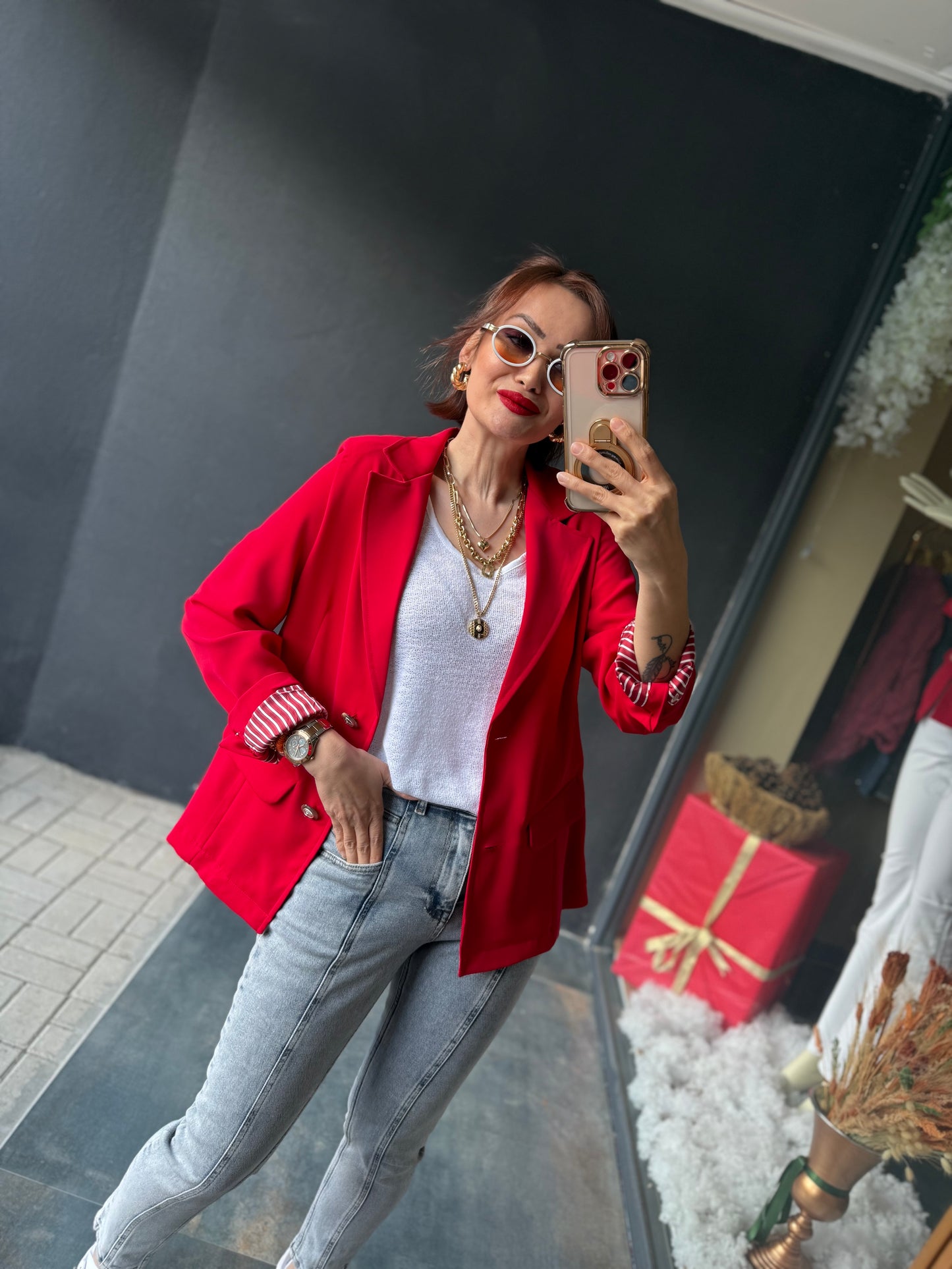 Red & Black Blazer Ceket Kırmızı
