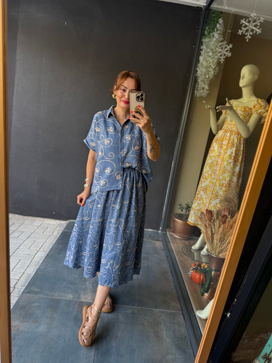 Cutest Mavi Nakışlı Etekli Takım