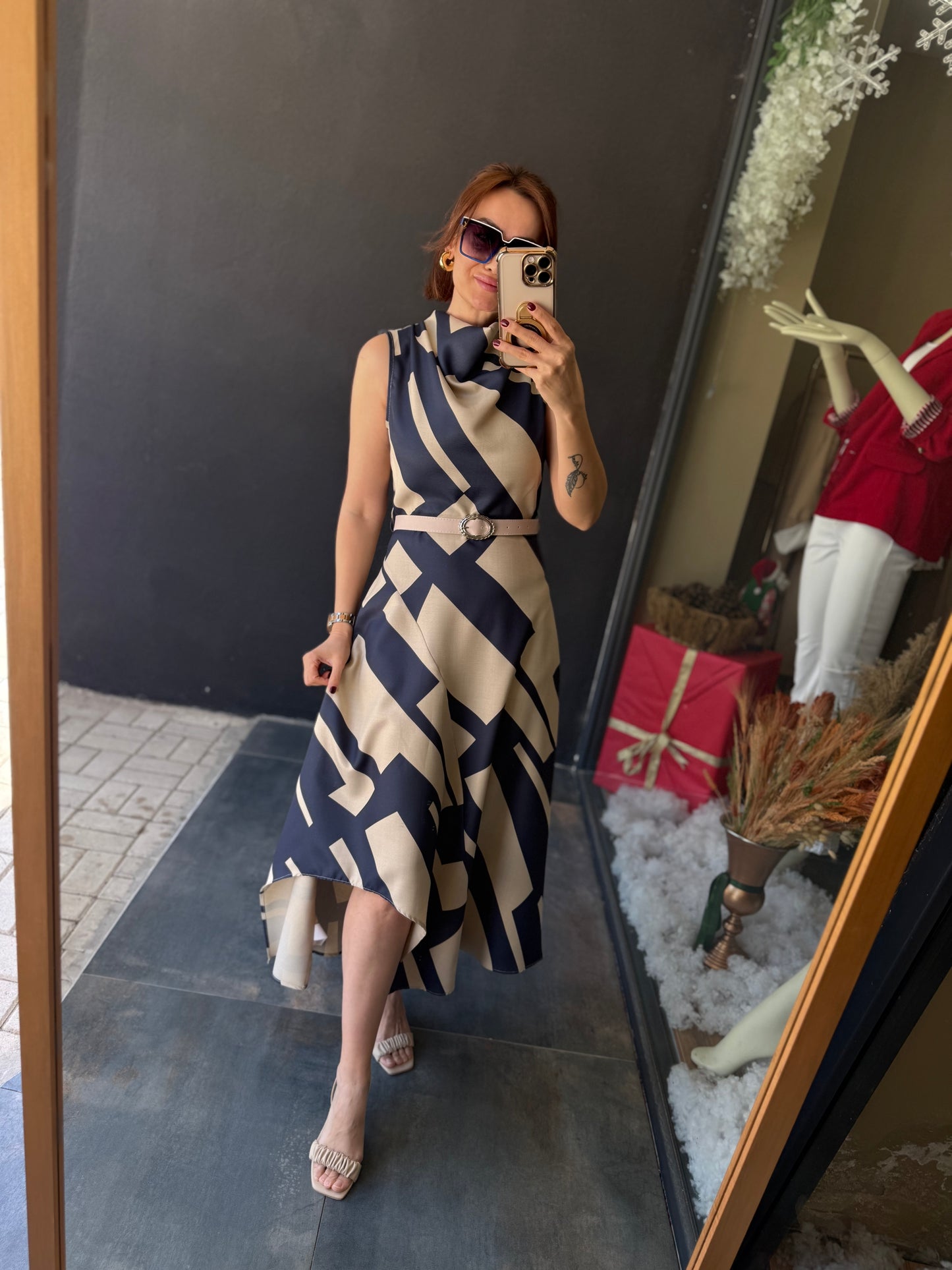 Alba Lacivert Keten Midi Elbise