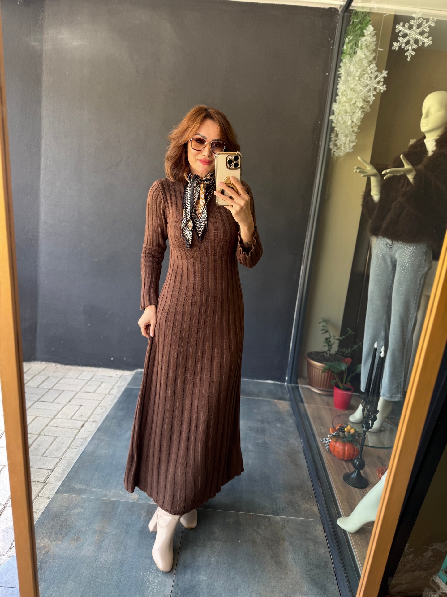 Lufi Maxi Kahve Elit Triko Elbise