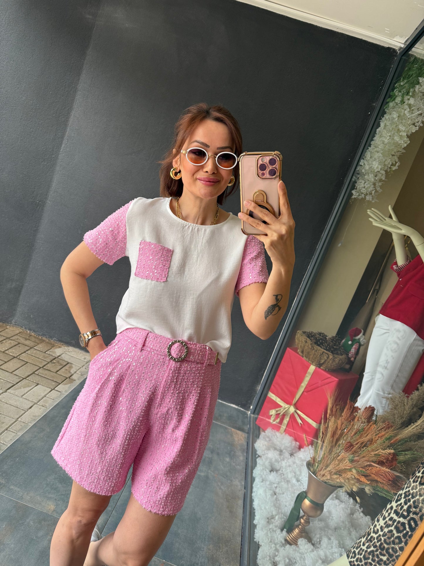 Mello Pembe Taşlı Şort Takım