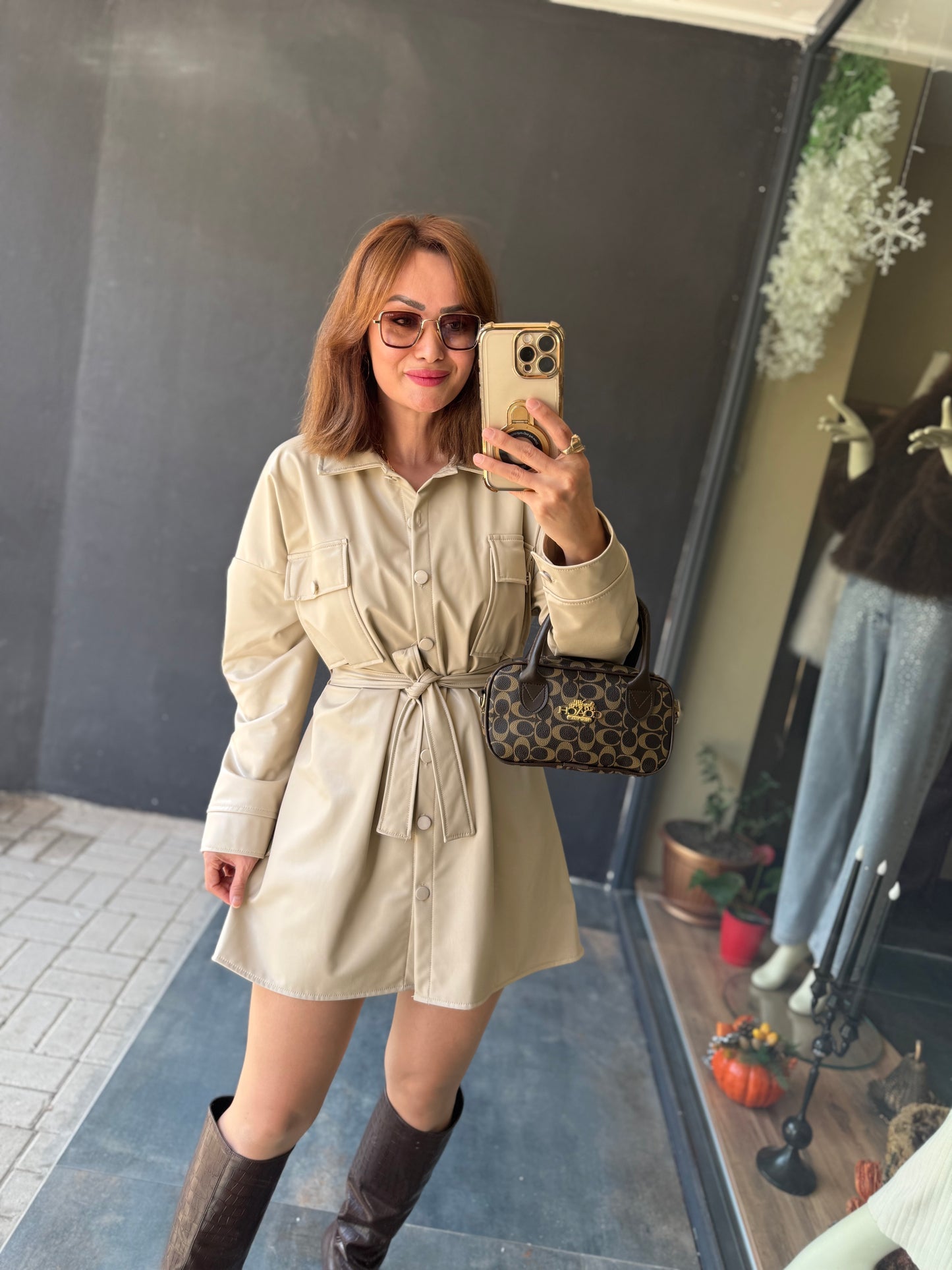 Prady Krem Deri Elbise &Tunik