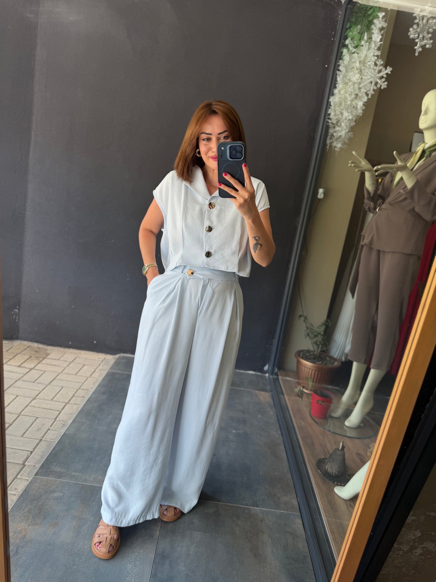Mavi Bol Paça Pantolonlu Premium Takım