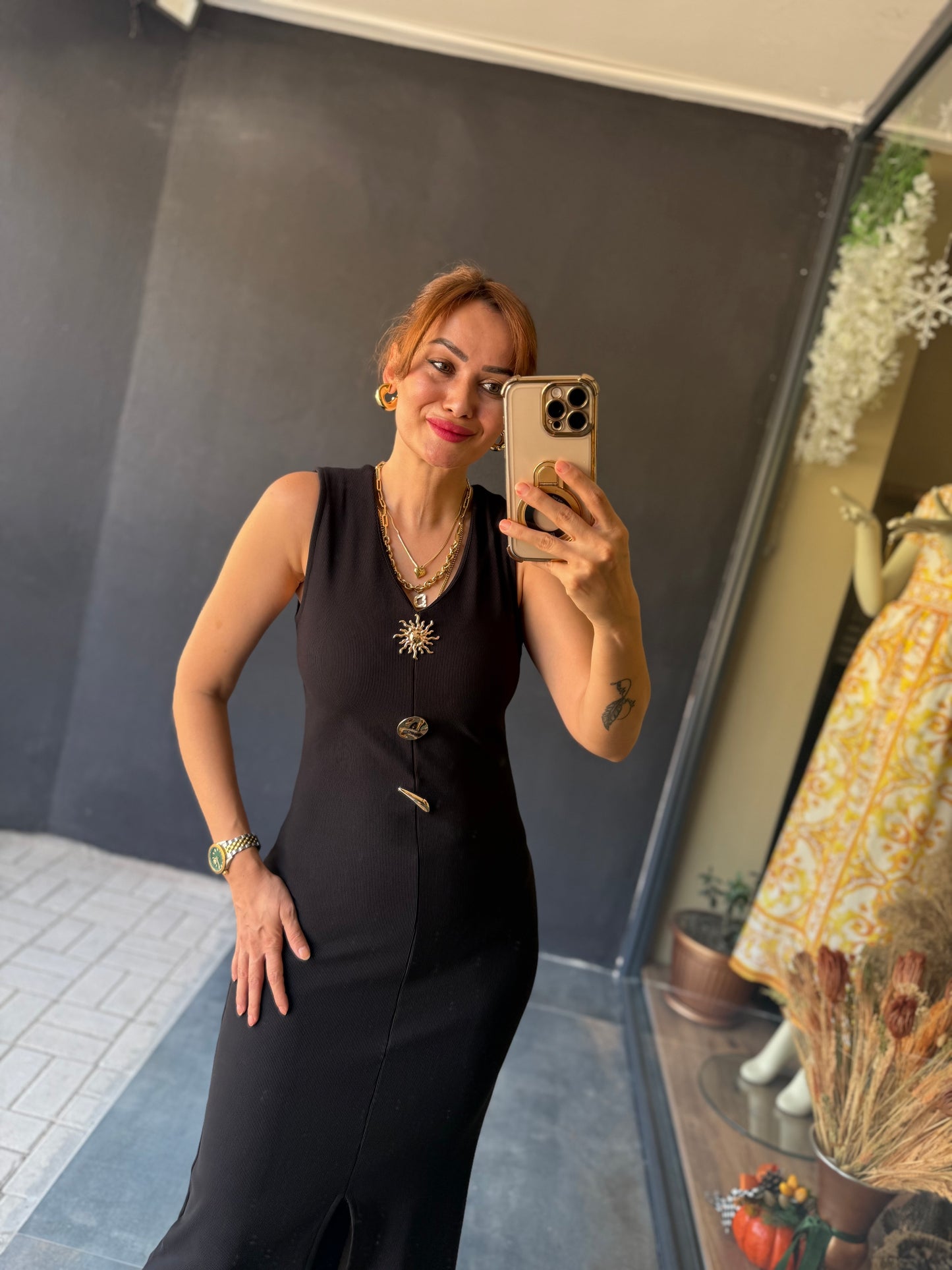 Henna Düğmeli Kalem Elbise
