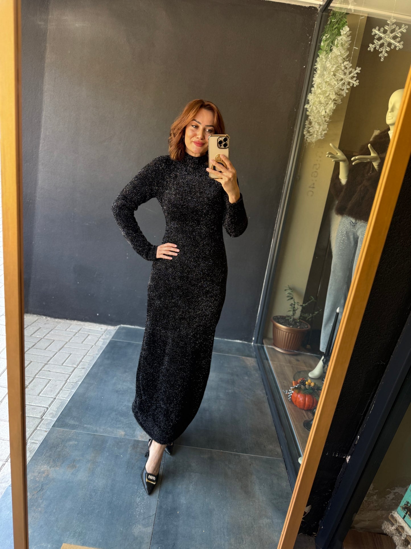 Jewel Siyah Simli Maxi Elbise