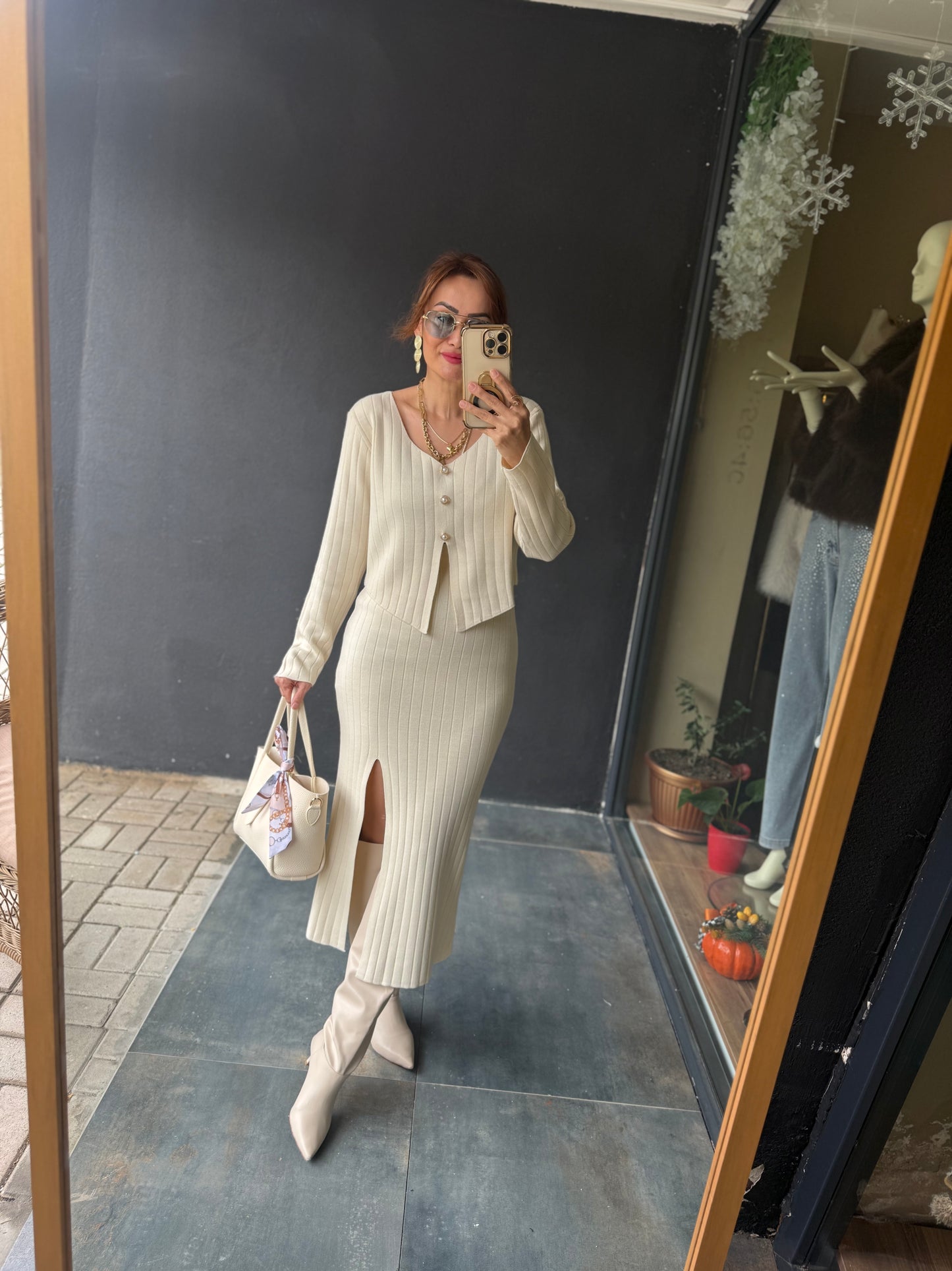 Tria Bej Triko Etek & Bluz Takım