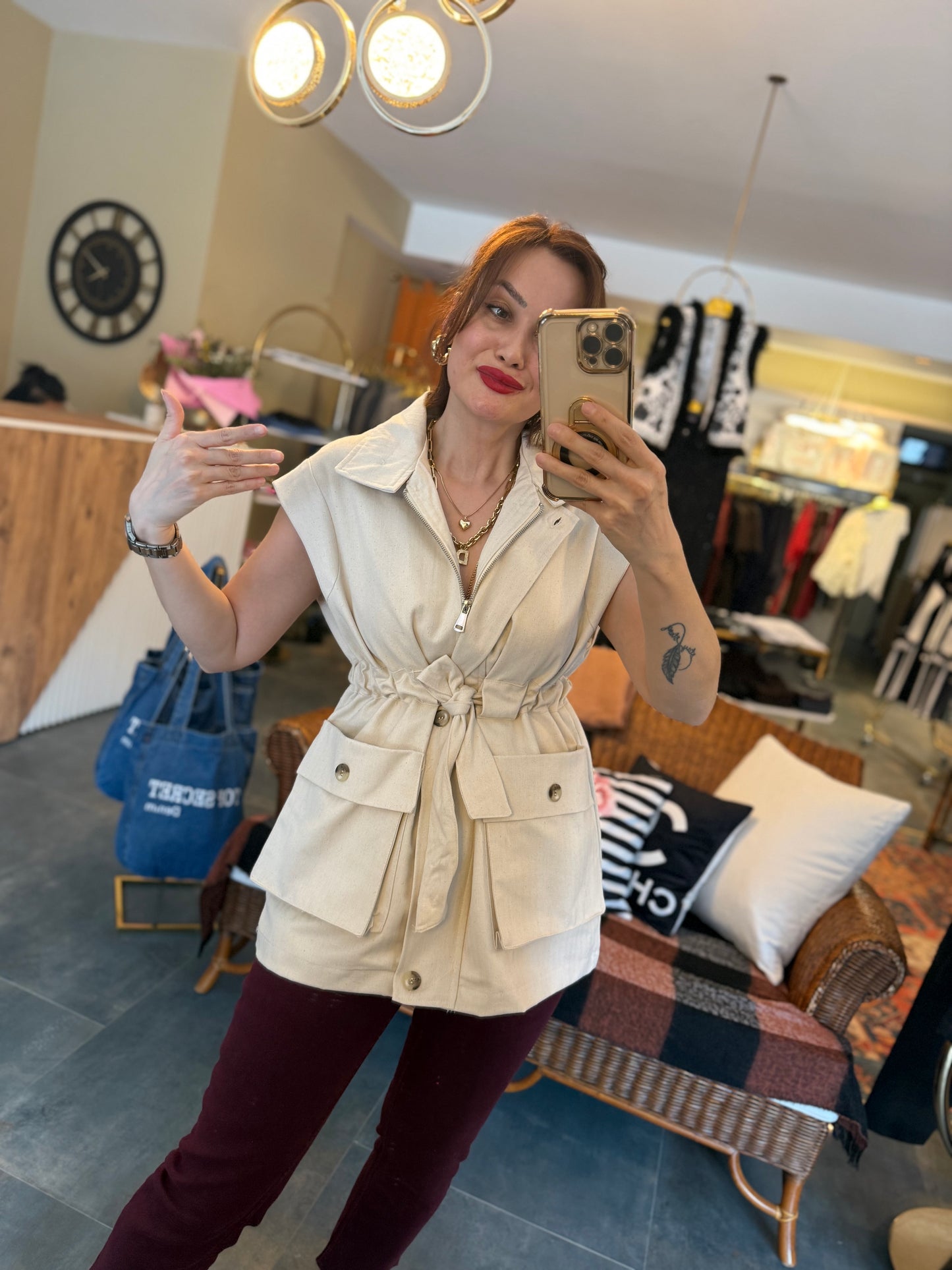 Deka Bel Bağlamalı Keten Yelek