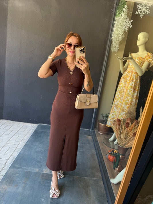 Henna Düğmeli Kısa Kol Kahve Kalem Elbise