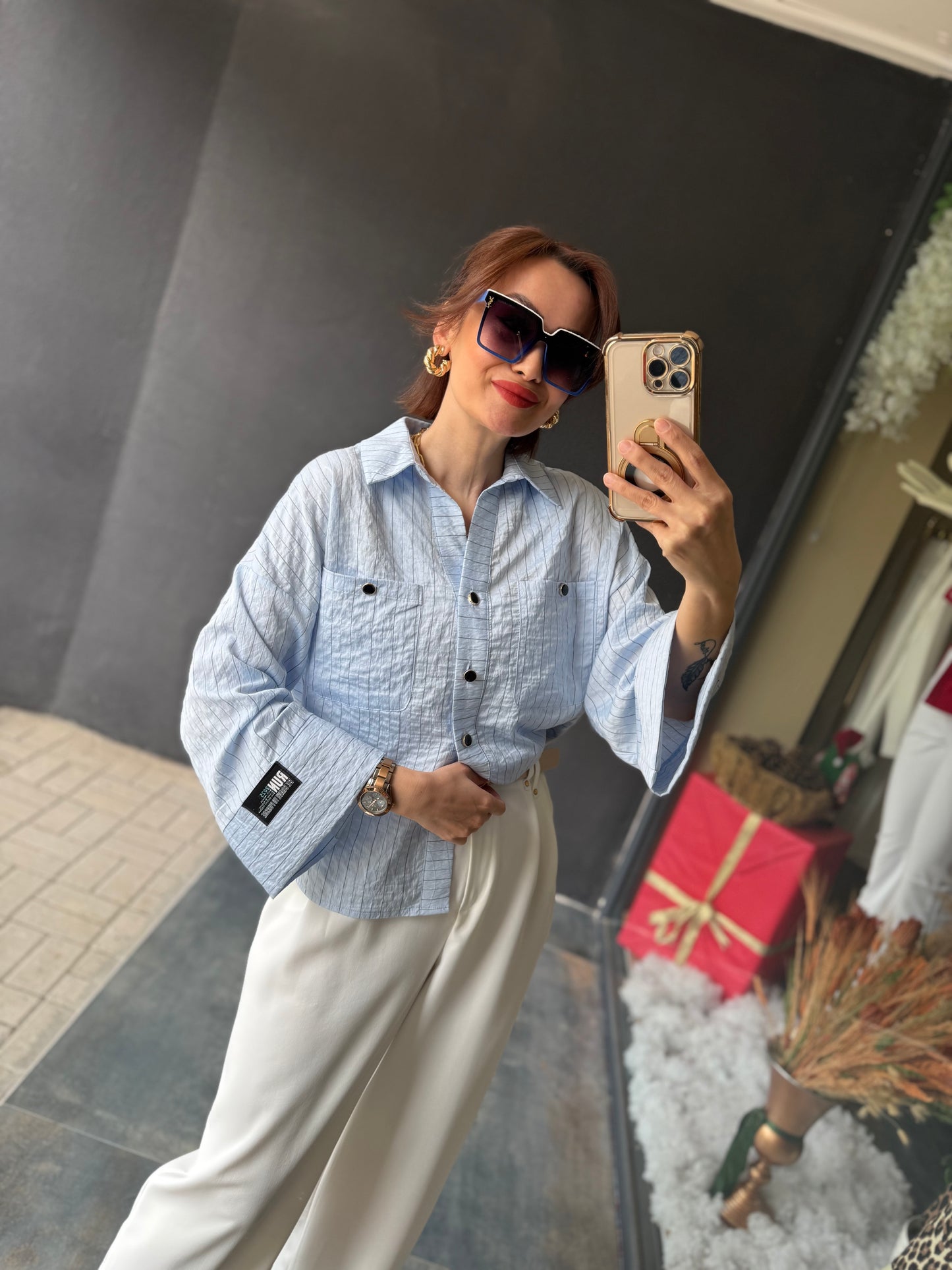 Maxi Çizgili Mavi Tensel Gömlek