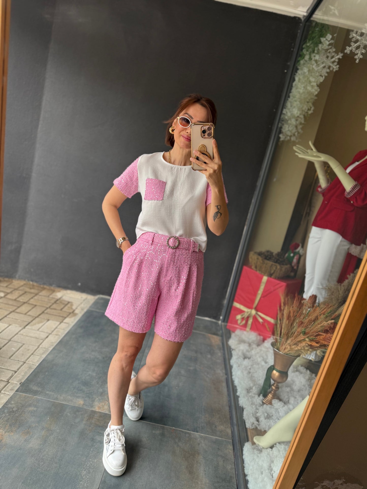 Mello Pembe Taşlı Şort Takım